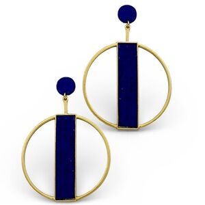 Paper Doll Factory Kennedy Gold Blue Felt Geometric Hoop Earrings EUC